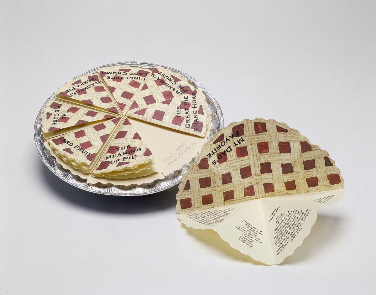 WomenInTheArts's tweet photo. Happy #NationalPieDay! 🥧 #EmilyMartin’s freshly baked #ArtistBook looks good enough to eat!
"Eight Slices of Pie” (2002) features eight wedge books disguised as tasty slices of pie, each revealing personal memories, family stories, reflections, and pie recipes. https://t.co/TFfH07OcvS