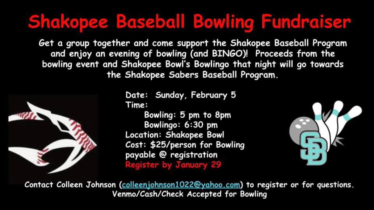 BowlShakopee's tweet image. Get your teams signed up and help out the Shakopee Baseball Boosters.