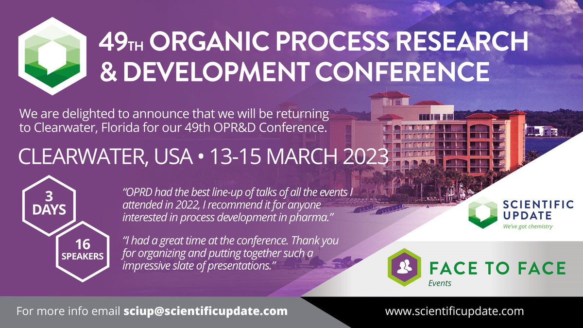 SciUp's tweet photo. A previous attendee told us;-'OPR&amp;D had the best line up of talks of all the events I attended in 2022. I recommend it for anyone interested in process dev in pharma.'

We hope you can join is in Clearwater. Register for #OPRDNA23 @ https://t.co/3dbOd45Zd2

#OrganicChemistry https://t.co/jHpVINEC0B