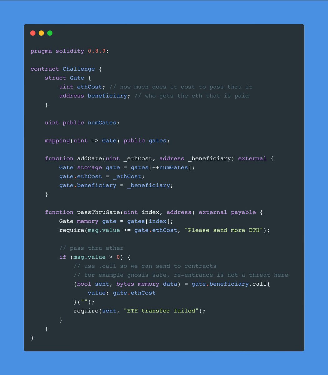 Find the Bug Challenge 1️⃣9️⃣

This is a HIGH Risk finding from a <a href="/code4rena/">Code4rena</a> audit.

I'll publish the original contract with the finding later.

The passThruGate is used to pay a FIXED amount of money for a NFT through beneficiary. What could go wrong for the sender?