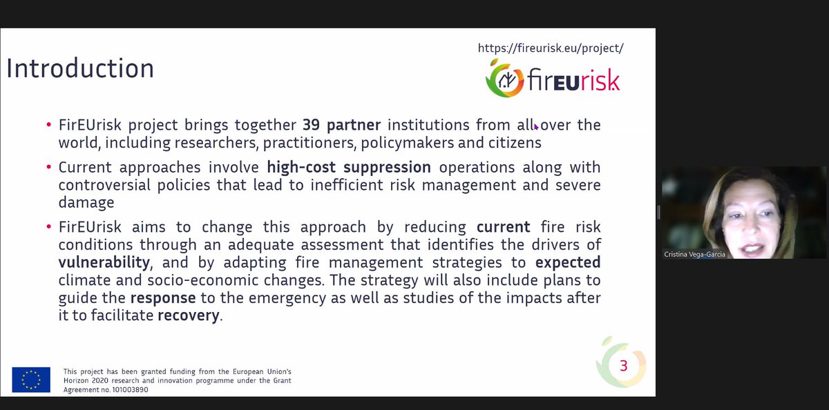 FirEUrisk's tweet image. Cristina Vega (@UdL_info) from #FirEUrisk is presenting our project in the first #EUFireProjectsUnited Dissemination Workshop, organised by @firelogue 👏

We&apos;re excited to exchange experiences between projects to work towards more efficient #wildfireriskmanagement together!