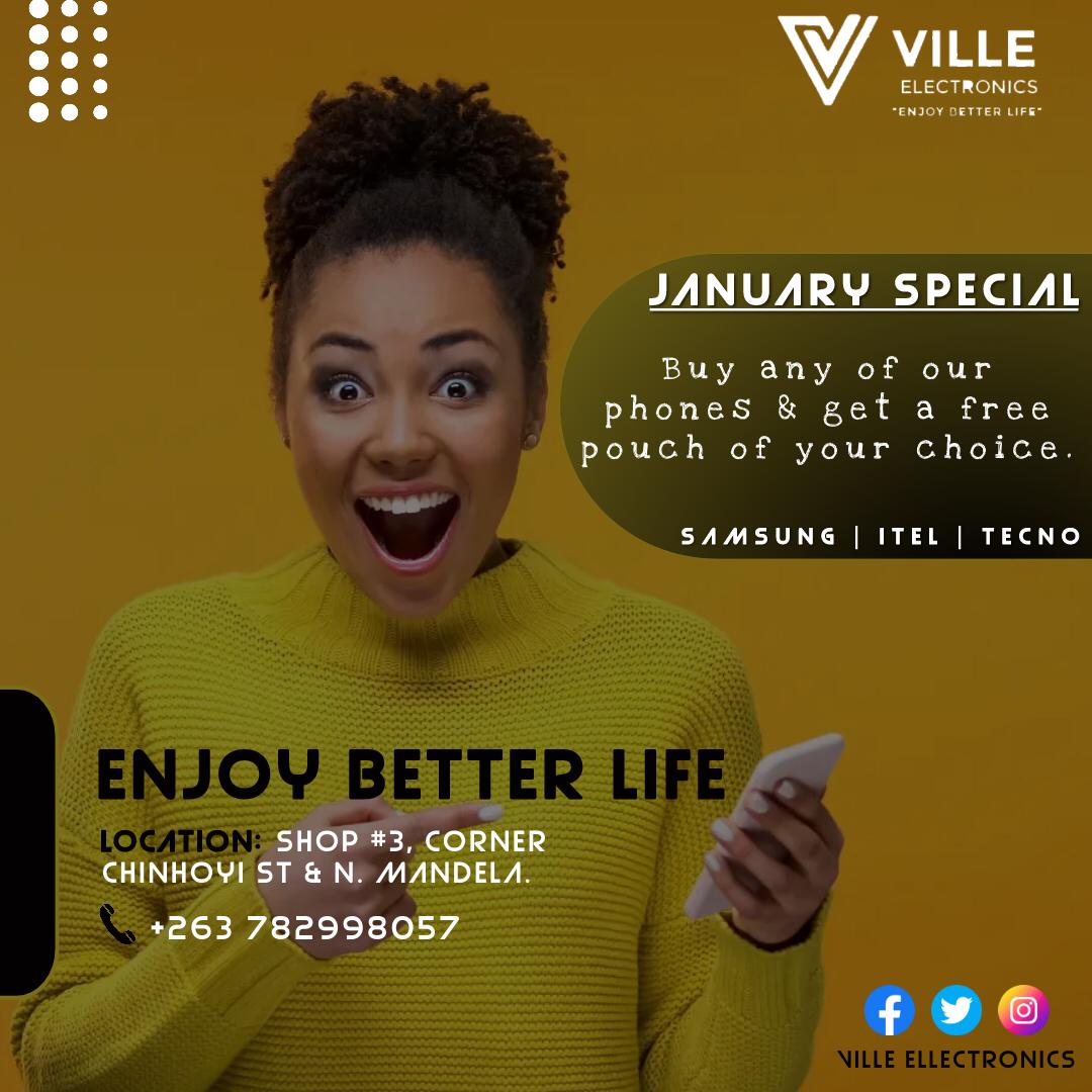 🤩🤩January Special😊😉

Buy any of our phones📱 and get a free pouch of your choice🤩. T &amp; C’s Apply

📍Corner Chinhoyi &amp; N. Mandela, Shop 3 from Creative Itel (Ville Electronics)

Contact us 0782998057
#FreeDeliveryInHarare
Design by @shinetech_zw