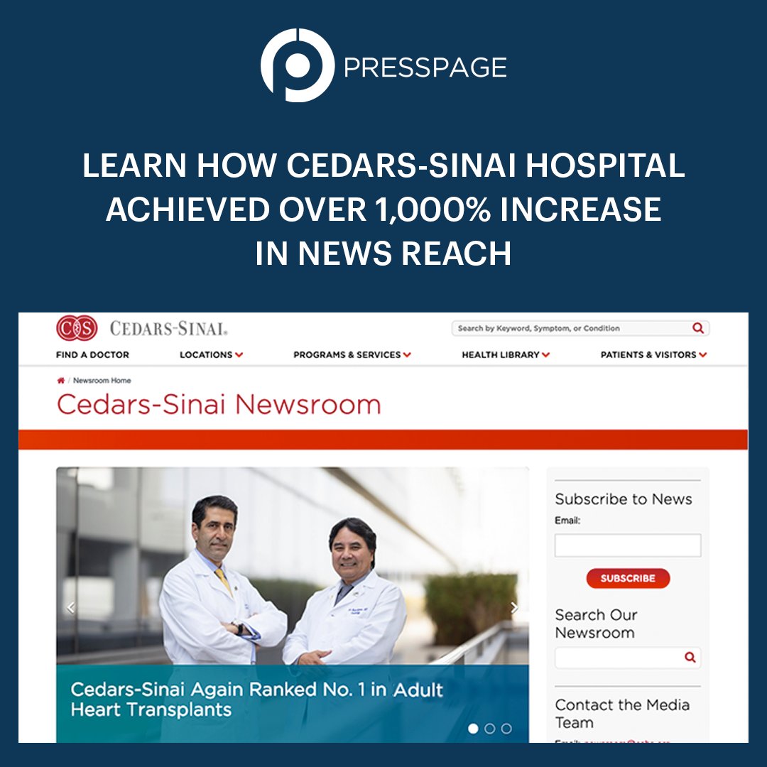 PresspageHQ's tweet image. Don&apos;t hear it from us, hear it from our customers!
Learn all about how Cedars Sinai Hospital ensured over 1,000% increase in news reach with their newsroom. @CedarsSinai
#PRSoftware #EfficientPR #CommsWork #HealthCare

hubs.li/Q01xDp8h0
