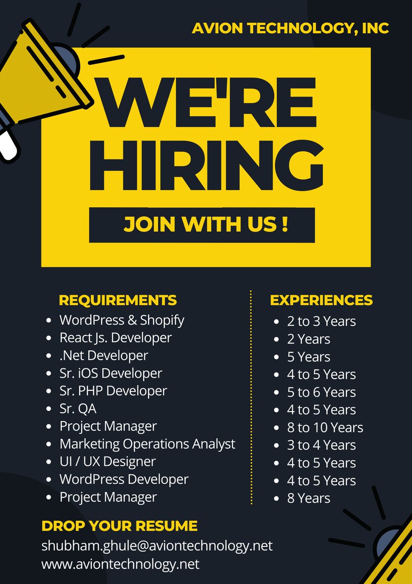 #wordpress #shopify #reactdeveloper #netdeveloper #iosdeveloper #phpdeveloper #qa #projectmanager #marketingoperations #analytics #ui #uxdesign 
Drop Your Resume in this Email ID: shubham.ghule@aviontechnology.net