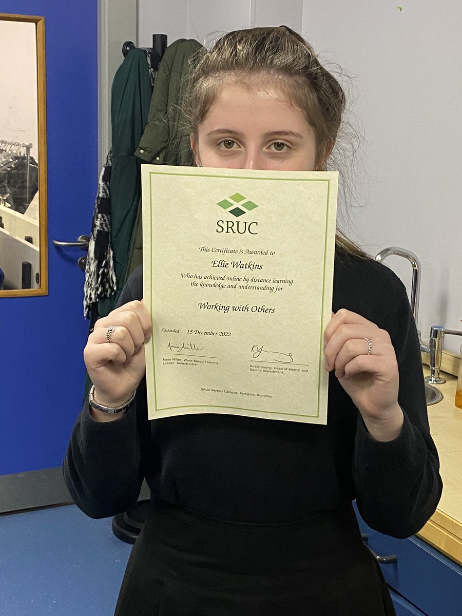 Huge congratulations to Ellie for gaining her working with others certificate as part of her SRUC animal care course