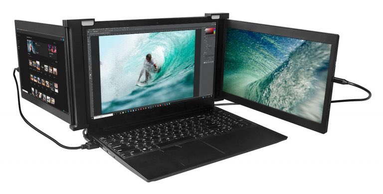 GreedyJar's tweet image. モバイルモニター自体はありふれたものだが、まさか3画面を１つのデバイスに納めたものが誕生するとは！
これだとコーディングが楽だし、出先で3DCGの詳細を説明する時により効果的にできそうな気がする
うん、かなり面白いね

#triscreen