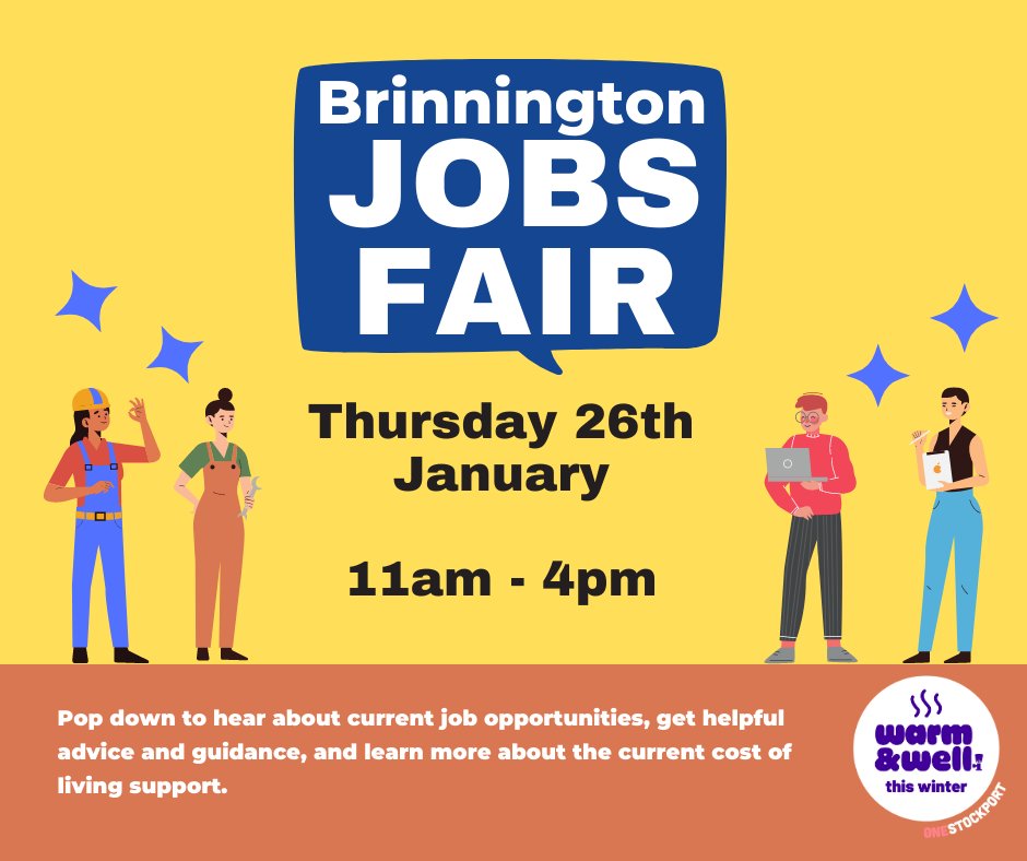 Brinnington Jobs Fair is this Thursday from 11am-4pm at Brinnington Community Centre on Hereford Road.  You can drop in at anytime to meet employers and find out about training opportunities to help get you back into employment. <a href="/SMBC_Community/">Communities Team</a> <a href="/StockportHomes/">Stockport Homes</a>