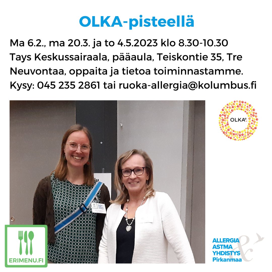 Pirk_Allergia's tweet photo. #Allergia- ja #astma'neuvojamme ja/tai #ruokaallergia'neuvojamme vierailee @Tays_sairaala'n #OLKA-pisteellä tänäkin keväänä. Neuvontaa ja tietoa toiminnasta myös: https://t.co/B2bh5Lwyvs
#OLKApirkanmaa #atooppineniho #anafylaksia #tuoksuyliherkkyys #järjestötpirkanmaa @erimenu https://t.co/Kvb1hlyux5