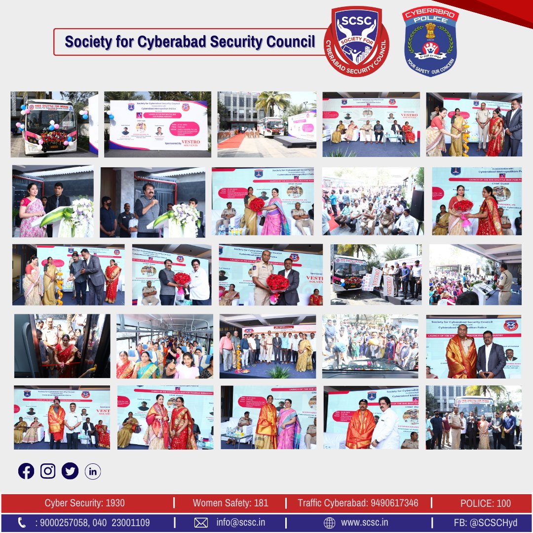 SCSC_Cyberabad's tweet photo. The Cyberabad Police, in partnership with Vestro Solvents, is proud to announce the launch of the "SHE Shuttle Bus" service. This service aims to provide safe and reliable transportation for women in the Cyberabad area.
@sheteamcybd @cyberabadpolice @CYBTRAFFIC #sheshuttle https://t.co/DeMtfnVOyB