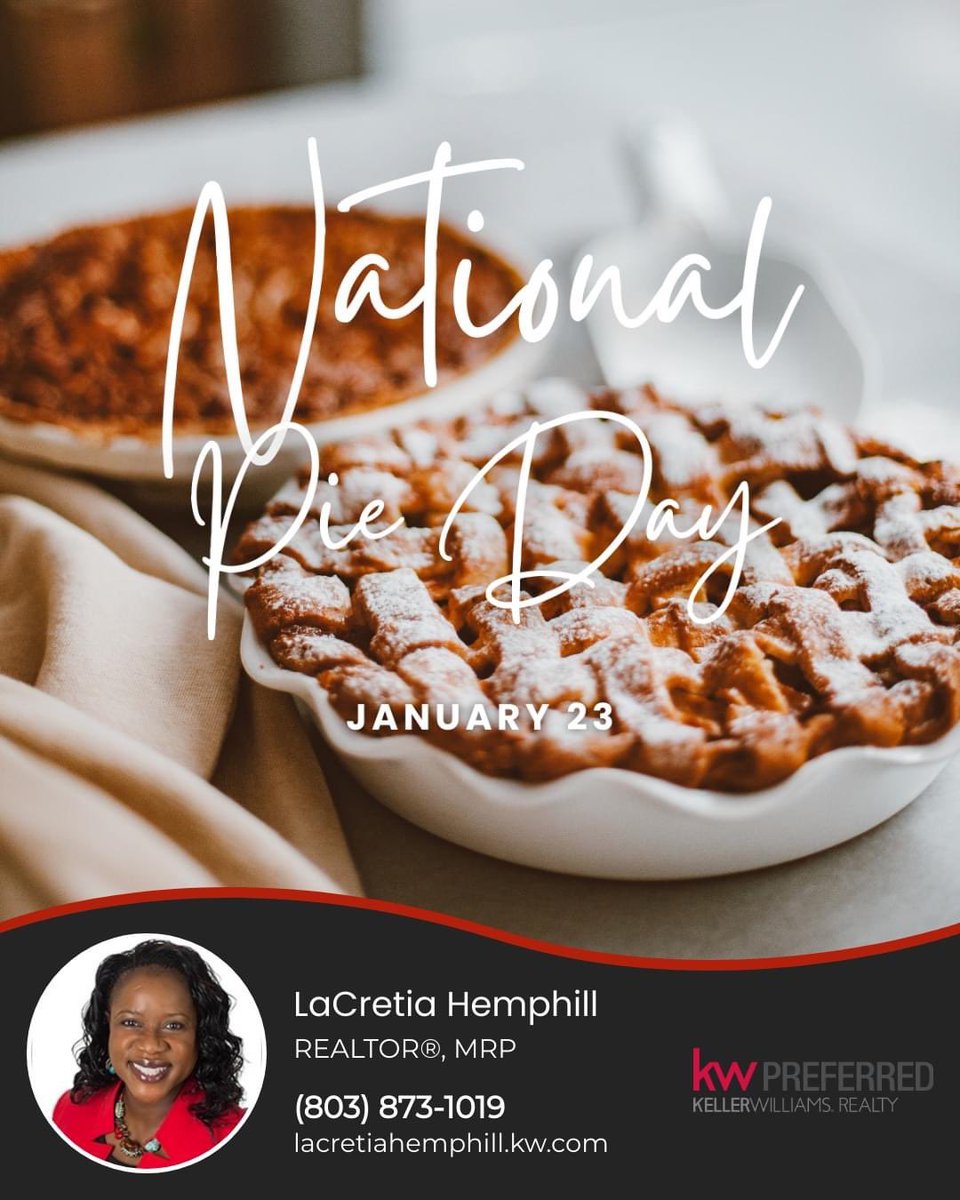 EliteRealtor803's tweet photo. It's National Pie Day! 🥧 Celebrate today with a fresh warm slice of your favorite pie. 🥧 

Who loves pie? ✋🏽

#nationalpieday #applepie #pecanpie #blueberrypie #cherrypie #pieday #nationalpieday2023 #dessert https://t.co/6YzgWw9Ln0
