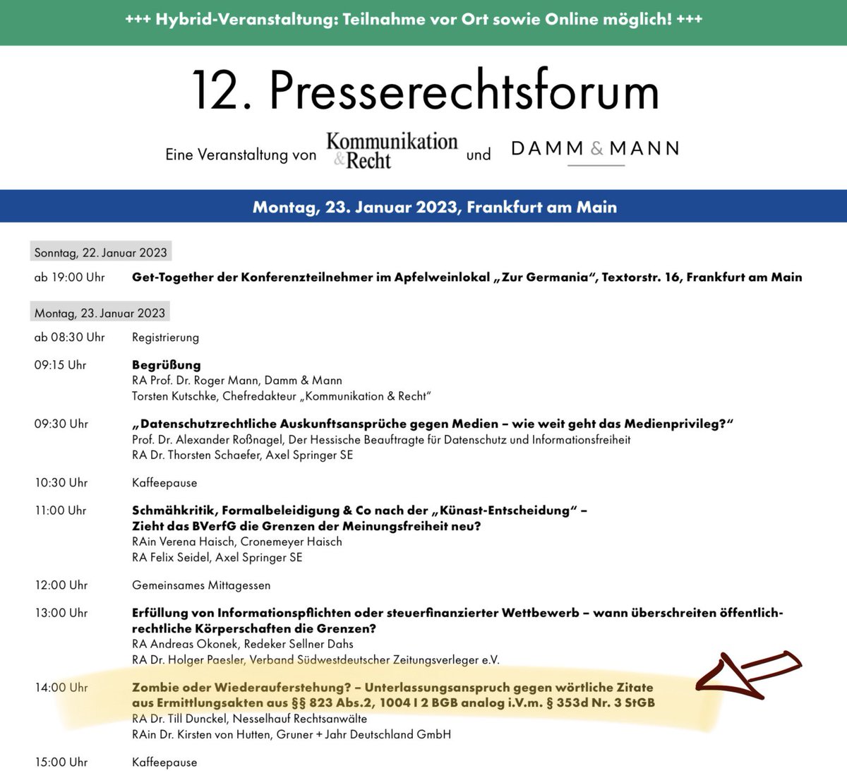 mir_tweets's tweet photo. #Presserechtsforum: Passend zum Nachmittagstief...☕️🤪 "Zombie oder Wiederauferstehung? - #Unterlassungsanspruch gegen wörtliche #Zitate aus #Ermittlungsakten aus §§ 823 Abs.2, 1004 I 2 BGB analog i.V.m. § 353d Nr. 3 StGB" 🤜🏻🤛🏻 #Ringfrei
 #PRF23 @TorstenKutschke @dfv_de https://t.co/ConHZMLNhE