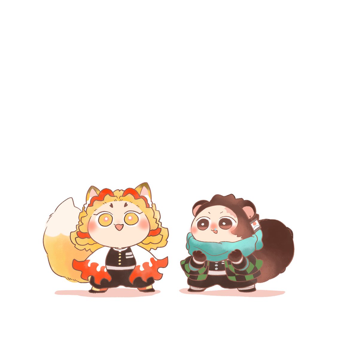 kamado tanjirou ,rengoku kyoujurou tail fox tail multiple boys animal ears 2boys chibi fox ears  illustration images