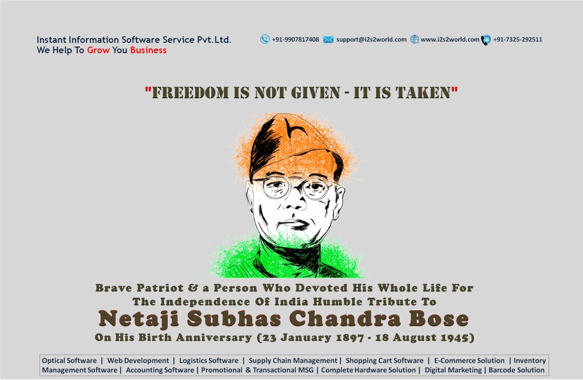 instant_pvt's tweet photo. Brave Patriot &amp; a Person Who Devoted His Life For The Independence Of #India
Remembering #Netaji #Subhash_Chandra_Bose on his 125th birth anniversary commemorated as #ParakramDiwas
#सुभाष_चन्द्र_बोस
#Azad_Hind_Fauj
#JaiHind
#Optical_software
#i2s2
#Optocare
#Optoview
#AaharStore https://t.co/GiIshT8H6w