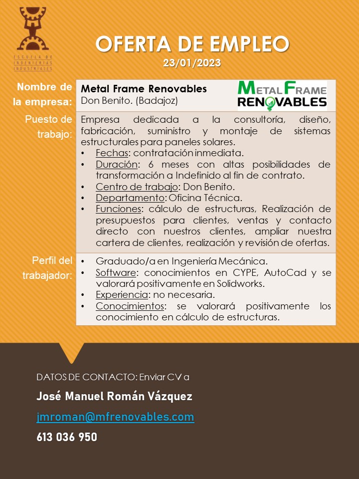 Nueva oferta de empleo para estudiantes de la 
<a href="/eii_uex/">E.II.II. UEx</a> de la <a href="/infouex/">UEx</a>. <a href="/ConsejoEEII/">Consejo Estudiantes E.I.I.</a> <a href="/AlumniUEx/">AlumniUEx</a>
