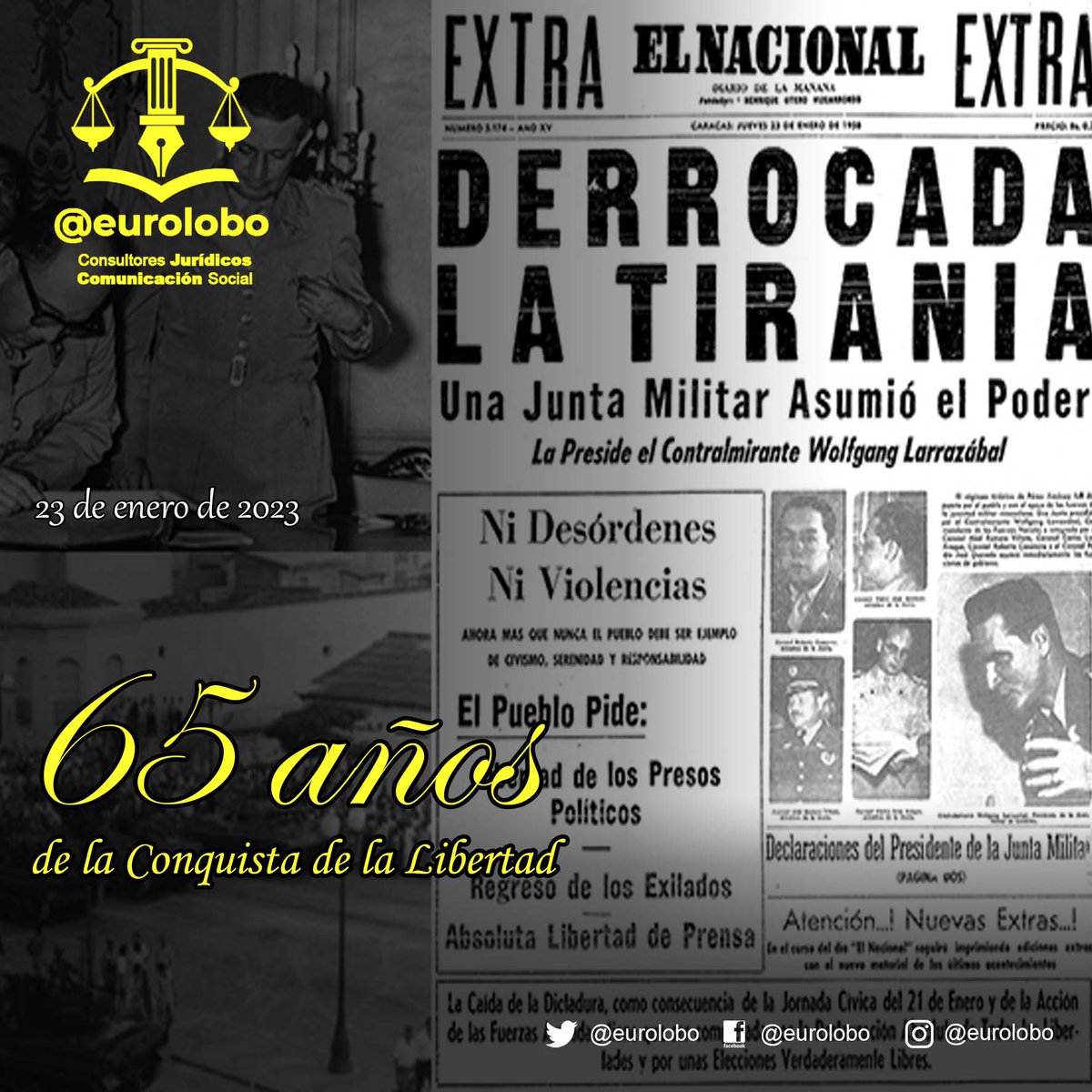 eurolobo's tweet photo. #Ene23 El espíritu y la claridad en la unidad, para ejercer una acción civico militar verdadera, que consiguió la democracia en nuestro país, está ahora más vigente que nunca.
Por una unidad verdadera y oportuna, que logré el país que soñamos en estos 65 años de historia https://t.co/7pautyXWZz