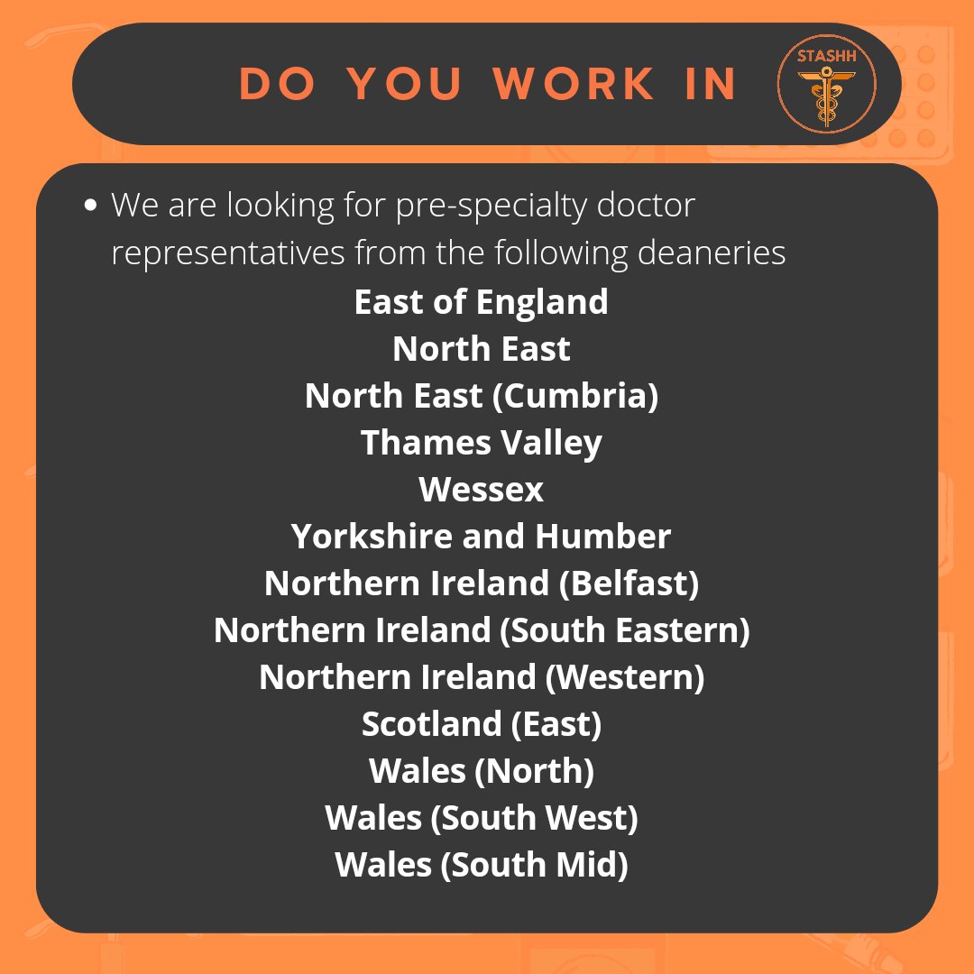 STASHH_UK's tweet photo. 💥We're recruiting!💥
Are you a pre-specialty doctor looking to get involved with STASHH? We are recruiting local ambassadors from the deaneries listed below. Check out our insta post for more details on this great opportunity! https://t.co/bLEzxq0lrO https://t.co/6U0Pb0HJIn