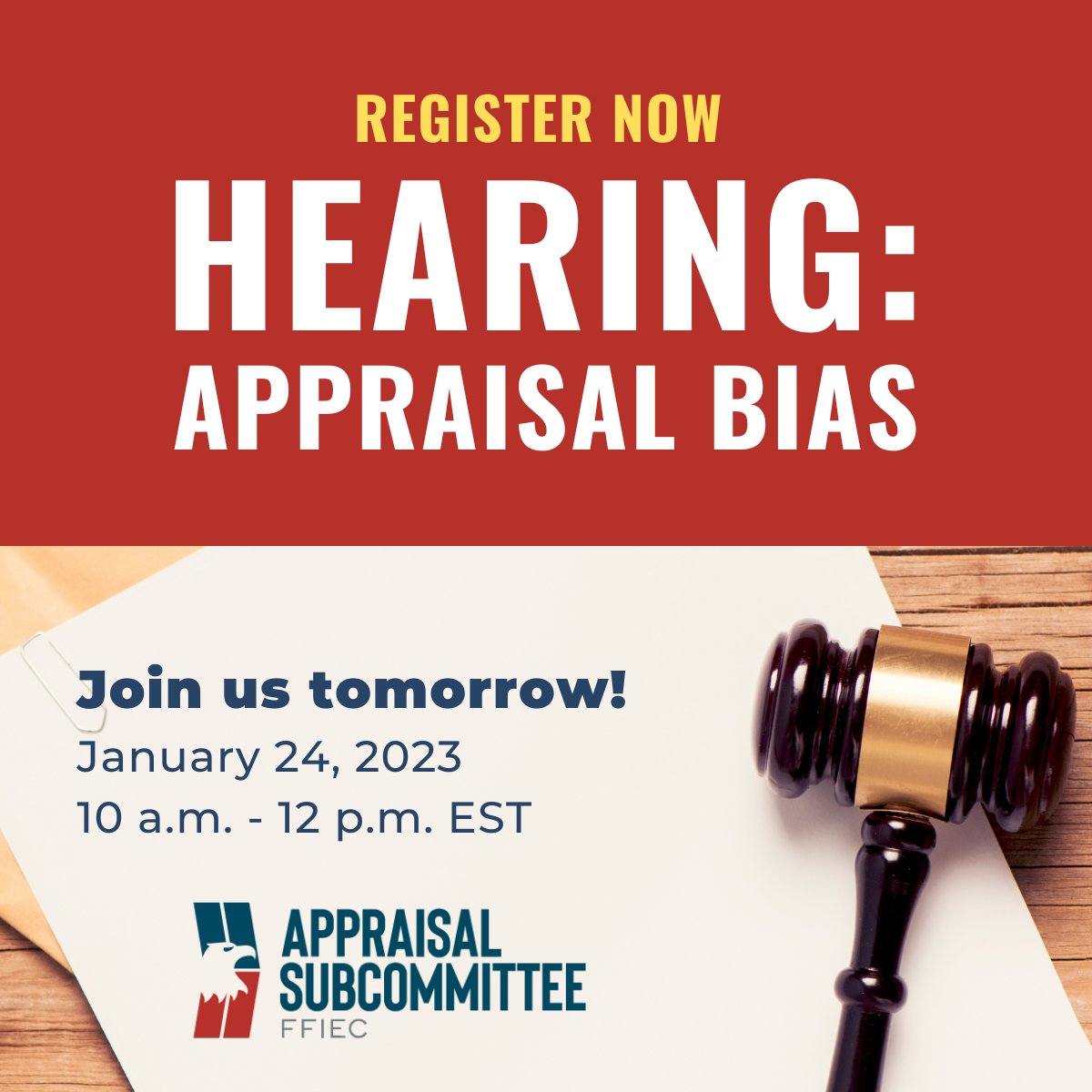 The Appraisal Subcommittee’s Hearing on Appraisal Bias is just one day away! Don’t miss your last chance to register to attend virtually tomorrow, January 24, 2023 from 10 a.m. to 12 p.m. EST:  surveys.consumerfinance.gov/jfe/form/SV_cJ…

#ASCgov #AppraisalBias