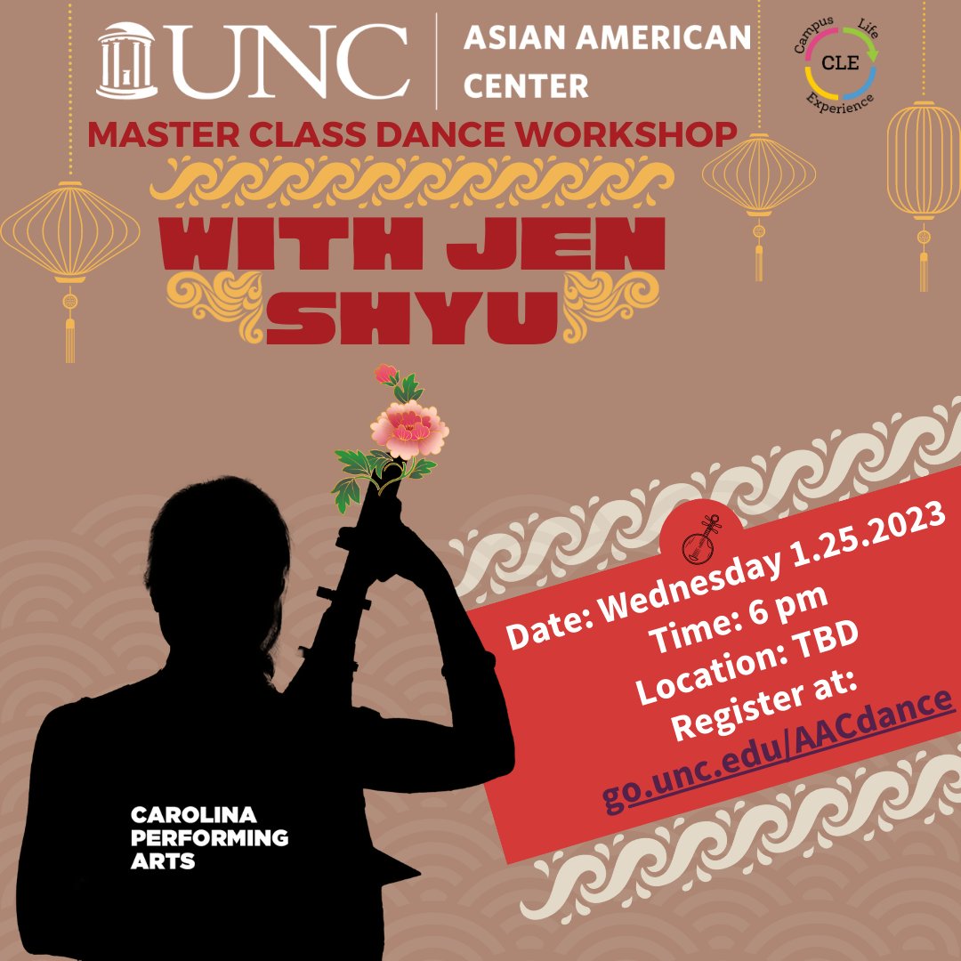 Calling all student dancers: the AAC is sending out an open call for those interested in a master class dance workshop with artist <a href="/jenshyu/">Jen Shyu (Official)</a> before her <a href="/UNCPerformArts/">Carolina Performing Arts</a> event on the 27th &amp; 28th.
Registration: go.unc.edu/AACdance
This will count for Campus Life Experience (CLE).