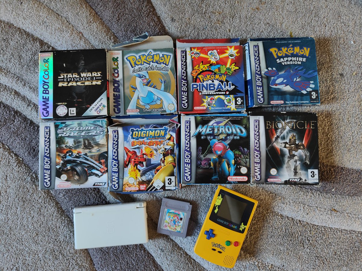 OfficialTomGame's tweet photo. Childhood memories unlocked

Visited my parents and they dug these out for me. I spent so much time playing these, think I'll dig out a charger and some A4 batteries and try play again 

#Nintendo #GameboyColour #NintendoDS #Mario #Pokemon #Digimon #StarWars #Bionicle #metroid https://t.co/SMHyuEjI90