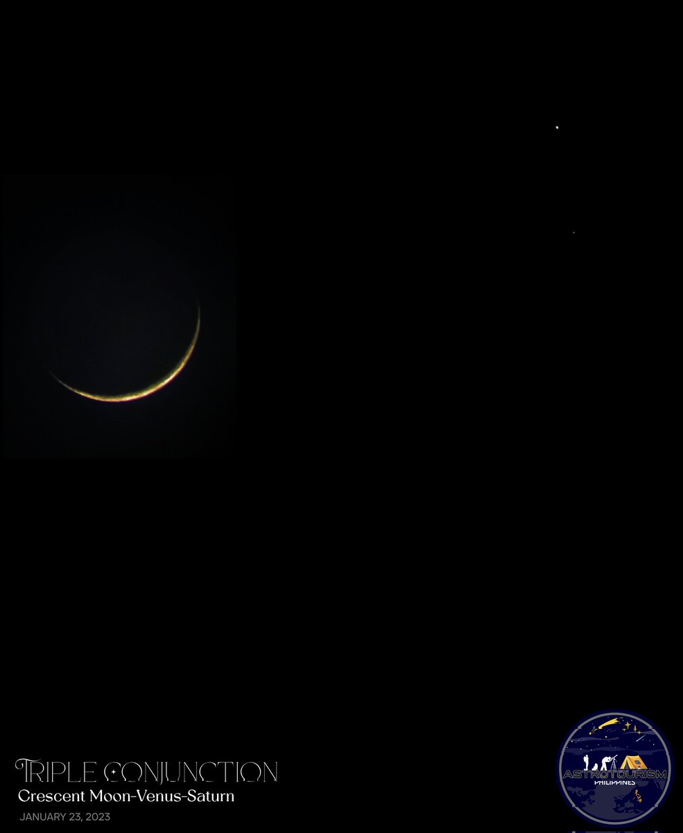 AstroTourismPH's tweet photo. At twilight a while ago, the western horizon cleared up.. just enough time for the triple conjunction to be viewed.  In the composite image, the 3.8% Waxing Crescent Moon with the Earthshine.  On the right, Venus is the brighter object at the top and Saturn is the one below. https://t.co/7LF9p1D7ZK