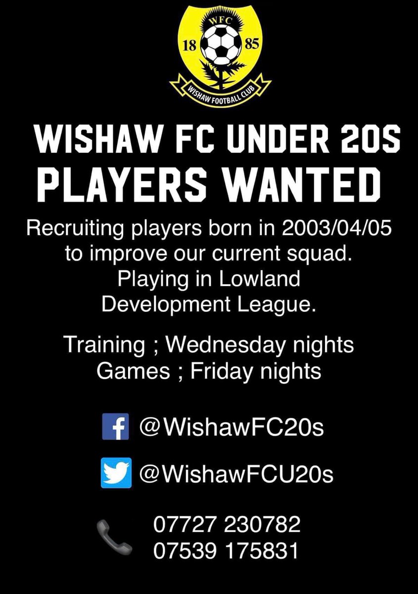 Lewis Campbell (@lewisca1999) on Twitter photo @WishawFCU20s are still looking to add a few players to existing squad; especially defenders and midfielders. We will consider 03, 04, 05 and even 06 born players. If anyone's interested please get in touch! <a href="/findaplayer/">Find A Player</a> <a href="/TeamfinderScot1/">Team Finder Scotland</a> @WishawFCU20s are still looking to add a few players to existing squad; especially defenders and midfielders. We will consider 03, 04, 05 and even 06 born players. If anyone's interested please get in touch! <a href="/findaplayer/">Find A Player</a> <a href="/TeamfinderScot1/">Team Finder Scotland</a>
