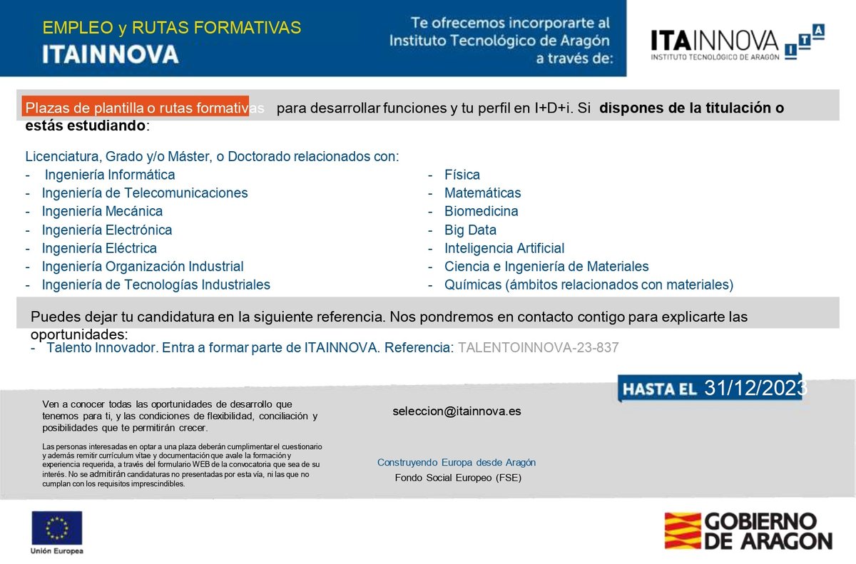 #empleo y #rutasFormativas en @ITAINNOVA 

Consulta nuestra oferta si dispones de titulación #STEM o estás estudiando. Si tu perfil es de I+D+i

itainnova.es/es/empleo