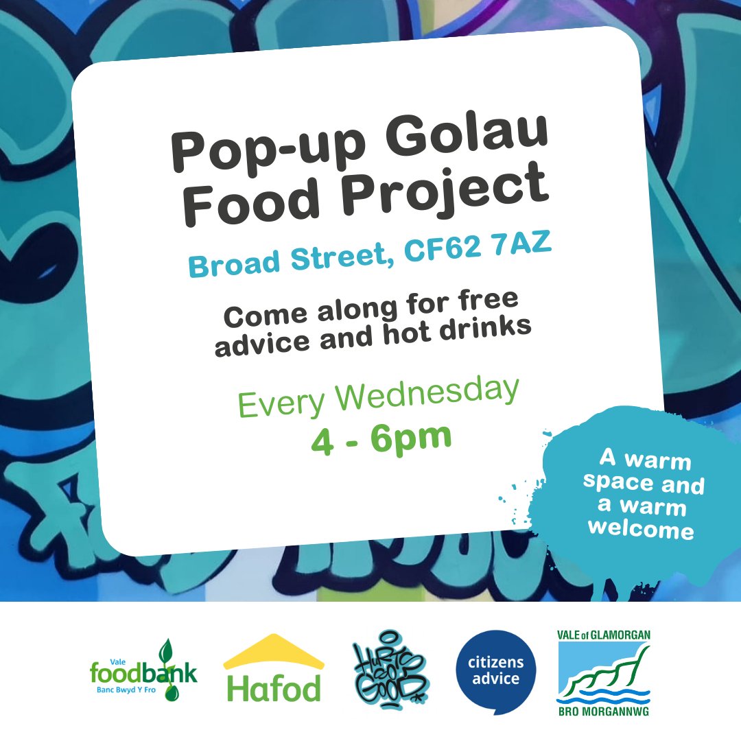 👋 Come down to the Pop-up Golau Food Project in Barry for advice and conversation, free hot drinks and access to food support.

🙌 Following the project's successful 8-week pilot and after listening to your feedback, we'll be moving the project into its second phase!