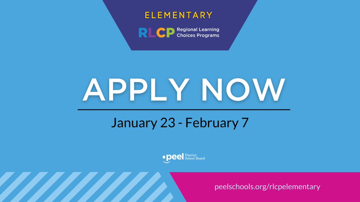 Applications are now open until February 7 at 3 p.m. for the Elementary Regional Learning Choices Programs! 

Apply now and learn more at peelschools.org/elementary-reg…