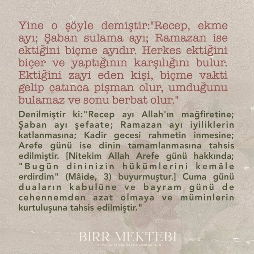 MANEVİ BAHARIMIZ 3 AYLAR

“Allah’ım! Recep ve Şaban’ı bize mübarek kıl, bizi Ramazan’a ulaştır!” (Ahmed b. Hanbel, Müsned, 2346.) duasını dilimizden düşürmeyelim.