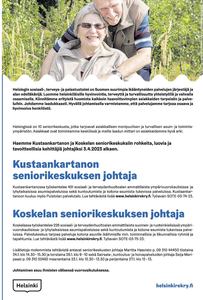 SMeripaasi's tweet photo. Huomaathan nämä harvoin auki tulevat johtajien tehtävät seniorikeskuksissa. Johtajana pääset mukaan myös rakennushankkeiden suunnitteluun ja toteutukseen toiminnan johtamisen ja kehittämisen lisäksi. Asukkaiden ja asiakkaiden omannäköinen ja hyvä arki on toimintamme ydin. https://t.co/ZNodC8Zbvo