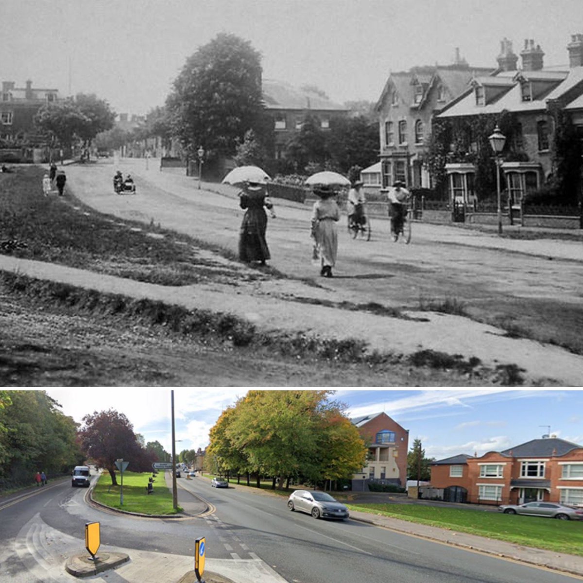 EppingHistory's tweet photo. EPPING THEN & NOW
A hot summerโs day in Epping around 1920. The Victorian houses on the right were demolished in the 70โs to make way for the new offices of the Epping Forest District Council.ย Itโs hard to image this view after 100 years of change. #epping #history #efdc https://t.co/y39XtQwpLi
