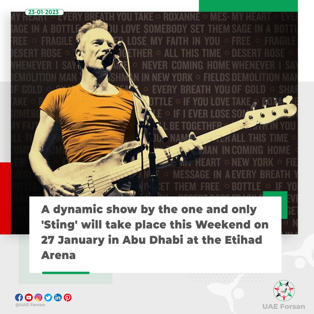 UAE_Forsan's tweet photo. A dynamic show by the one and only 'Sting' will take place this Weekend on 27 January in Abu Dhabi at the Etihad Arena
#UAE #DynamicShow #InAbuDhabi #EtihadArena #في_أبوظبي
@etihadarena_ae
@VisitAbuDhabi
@InAbuDhabi https://t.co/Cag4BXeXc9