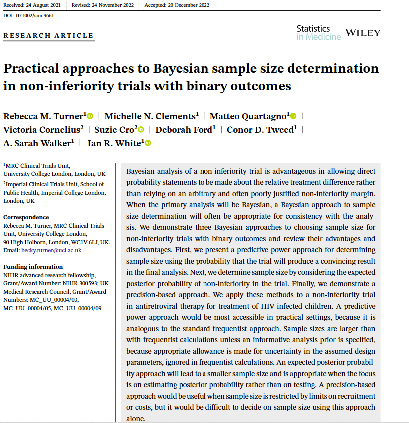 Planning a #Bayesian non-inferiority trial with a binary outcome? See this new publication for practical approaches to sample size determination -a @MRCCTU & @ImperialCTU @stats_ci collaboration lead by Rebecca Turner @MRCCTU onlinelibrary.wiley.com/doi/10.1002/si…  #clinicaltrials #samplesize