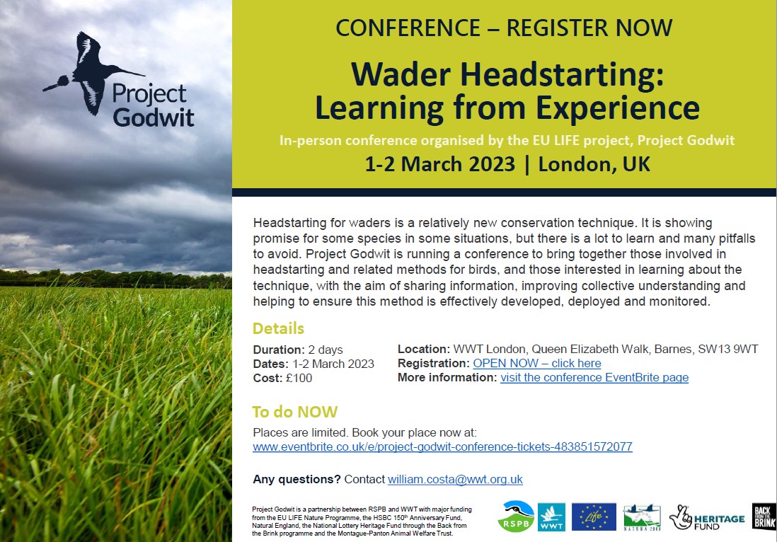 📢Wader Headstarting: Learning from Experience📢 Join us for a conference 1-2 March 23 at the @WWTLondon wetland centre. Register now: eventbrite.co.uk/e/project-godw… @WWTWelney @RSPBScience @LIFEprogramme