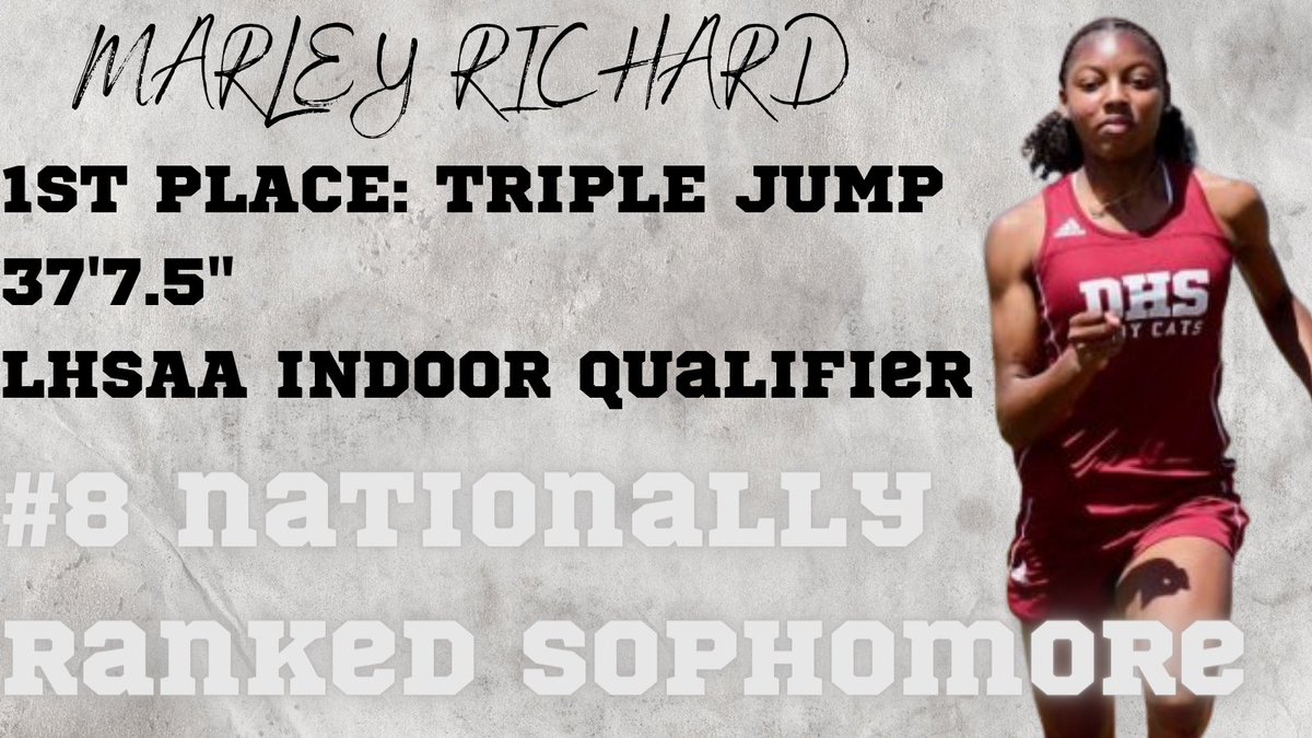 DestrehanSports's tweet photo. Congratulations to Indoor Track member Marley Richard for capturing 1st place this past weekend in the triple jump. @SCPPS @DHSWildcats https://t.co/zwPIOnE6Vv
