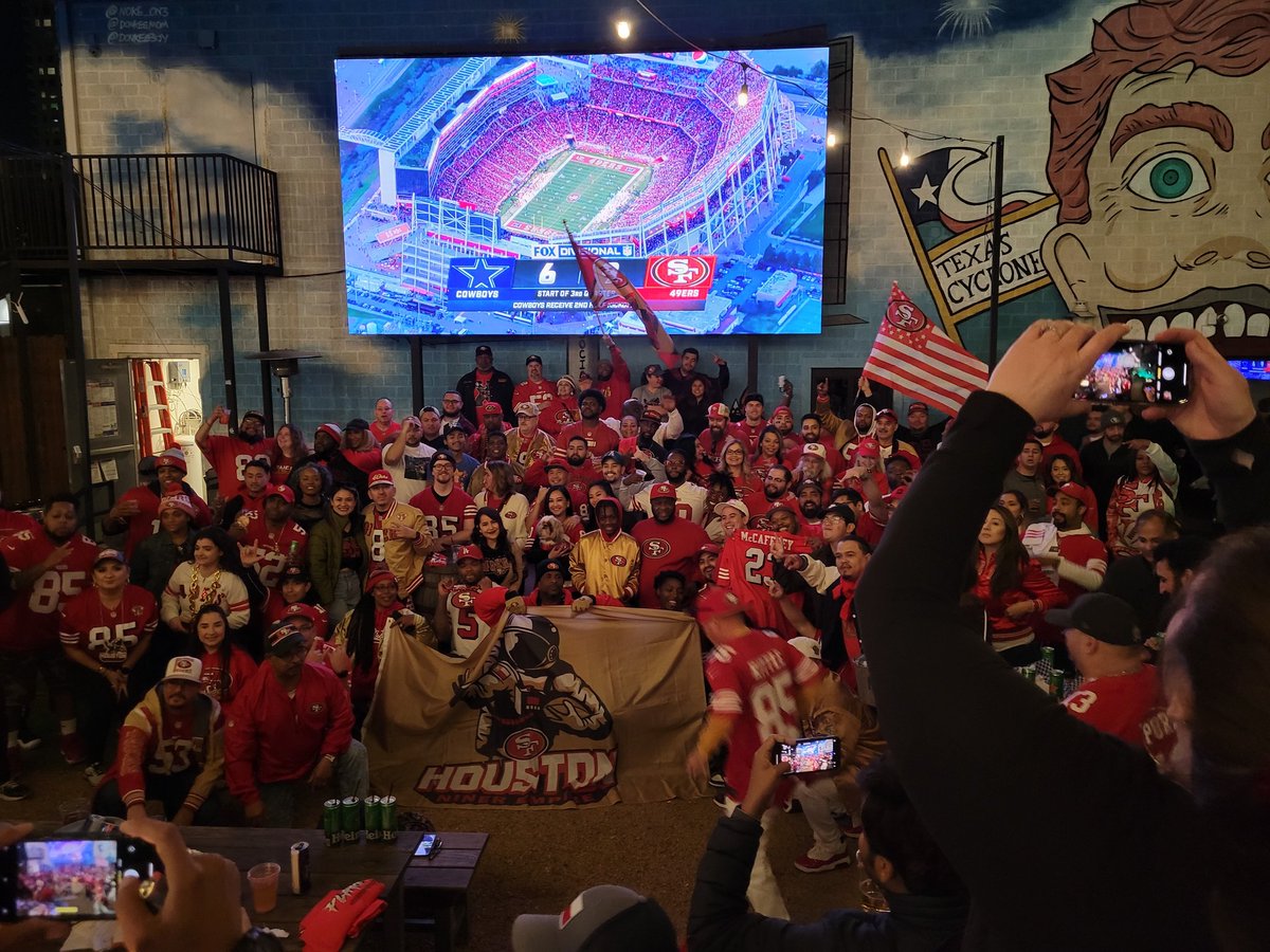 49ers win again. Houston Niner Empire at Social Beer Garden in Midtown Houston #49ers #NFLPlayoffs #Houston #beer #eagles #Cowboysvs49ers