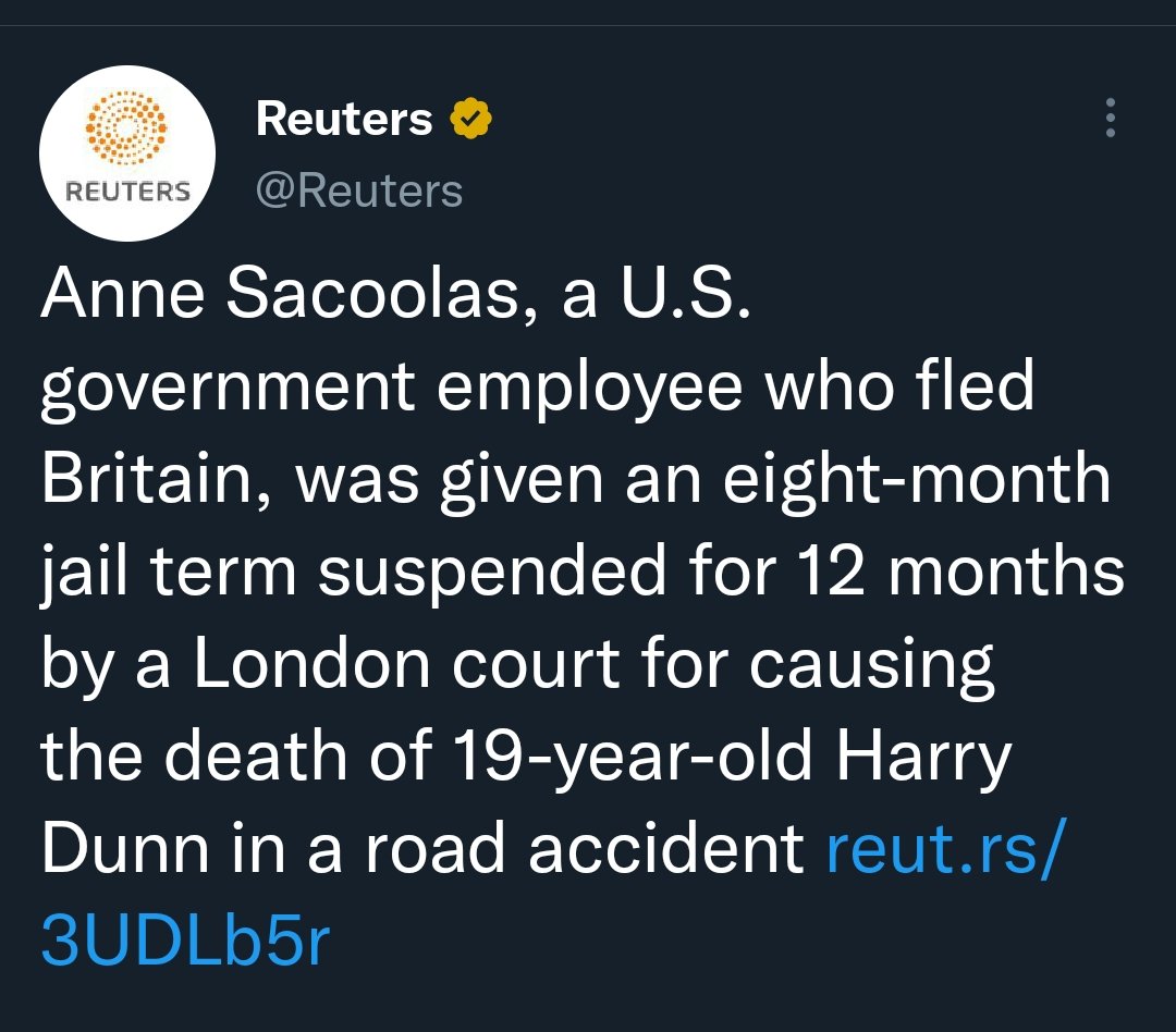 @Lionel_SN @PowerUSAID American Anne Sacoolas fled to U.S. after killing a teenage motorcyclist in a road accident in UK. The U.K requested her to return to face justice, but the U.S government not only refused to extradite her, but also advised her not to attend her trial via video-link.