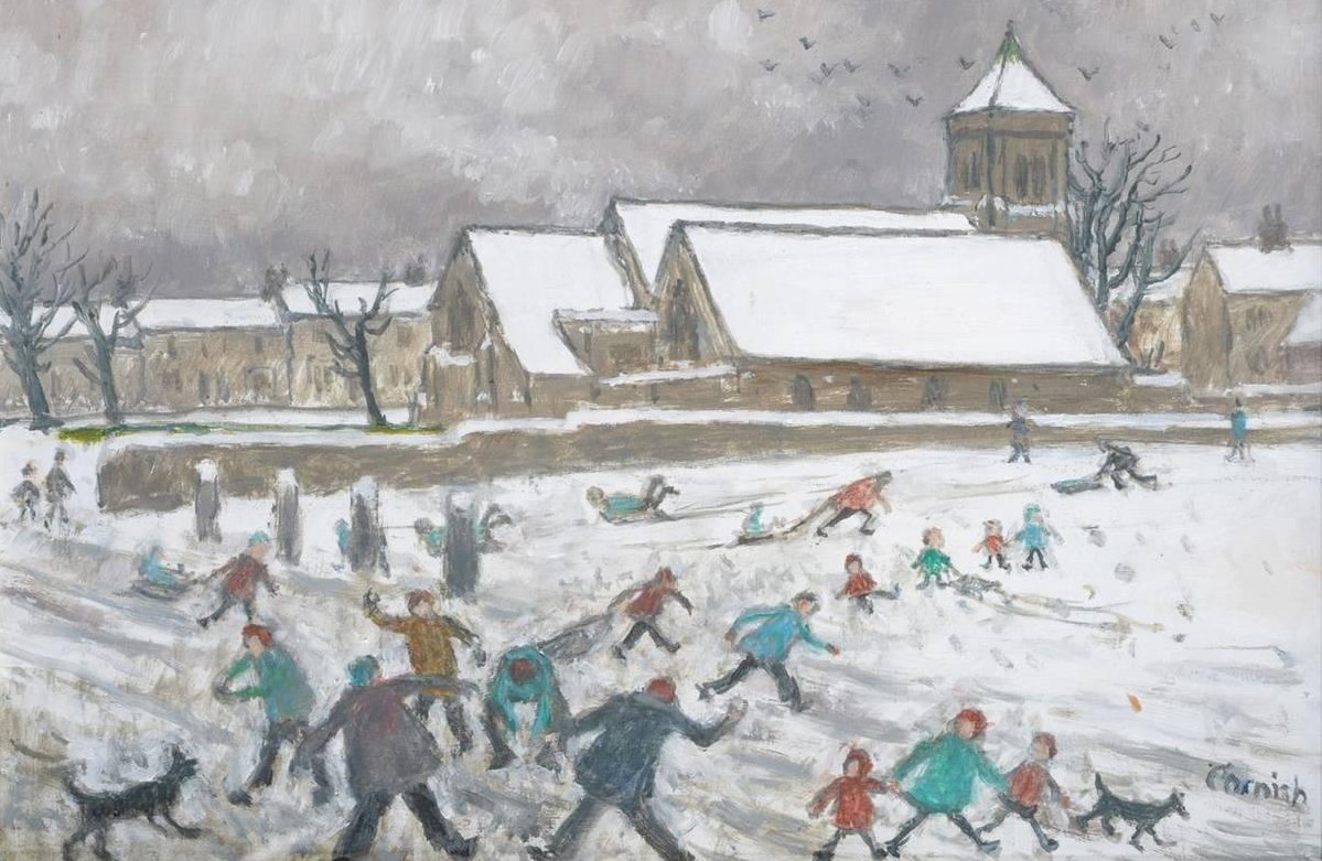 aucklandproject's tweet image. How many of you recognise the Little Snow Scene by #NormanCornish? 😍☃️

This painting shows children playing in the snow before St Paul&apos;s Church, #Spennymoor,  which is Cornish&apos;s hometown. 

© Reproduced with the kind permission of Norman Cornish Limited