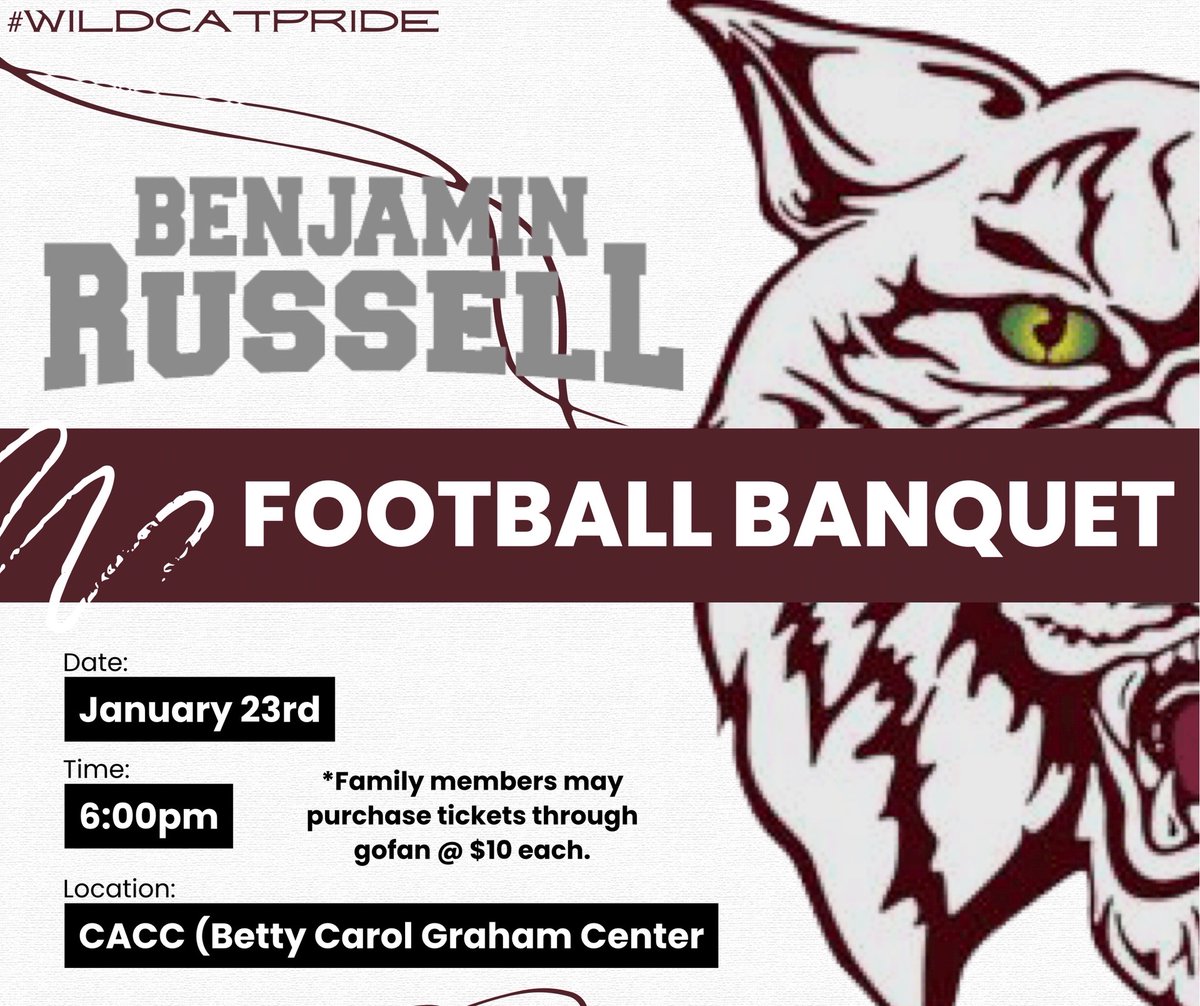 brhswildcatsfb's tweet image. Reminder: Our football banquet is tonight @ 6pm. Football players get in free. Family members can purchase tickets on GoFan with this link: gofan.co/app/events/862…

#WERBR #wildcatpride #gamedaygraphics