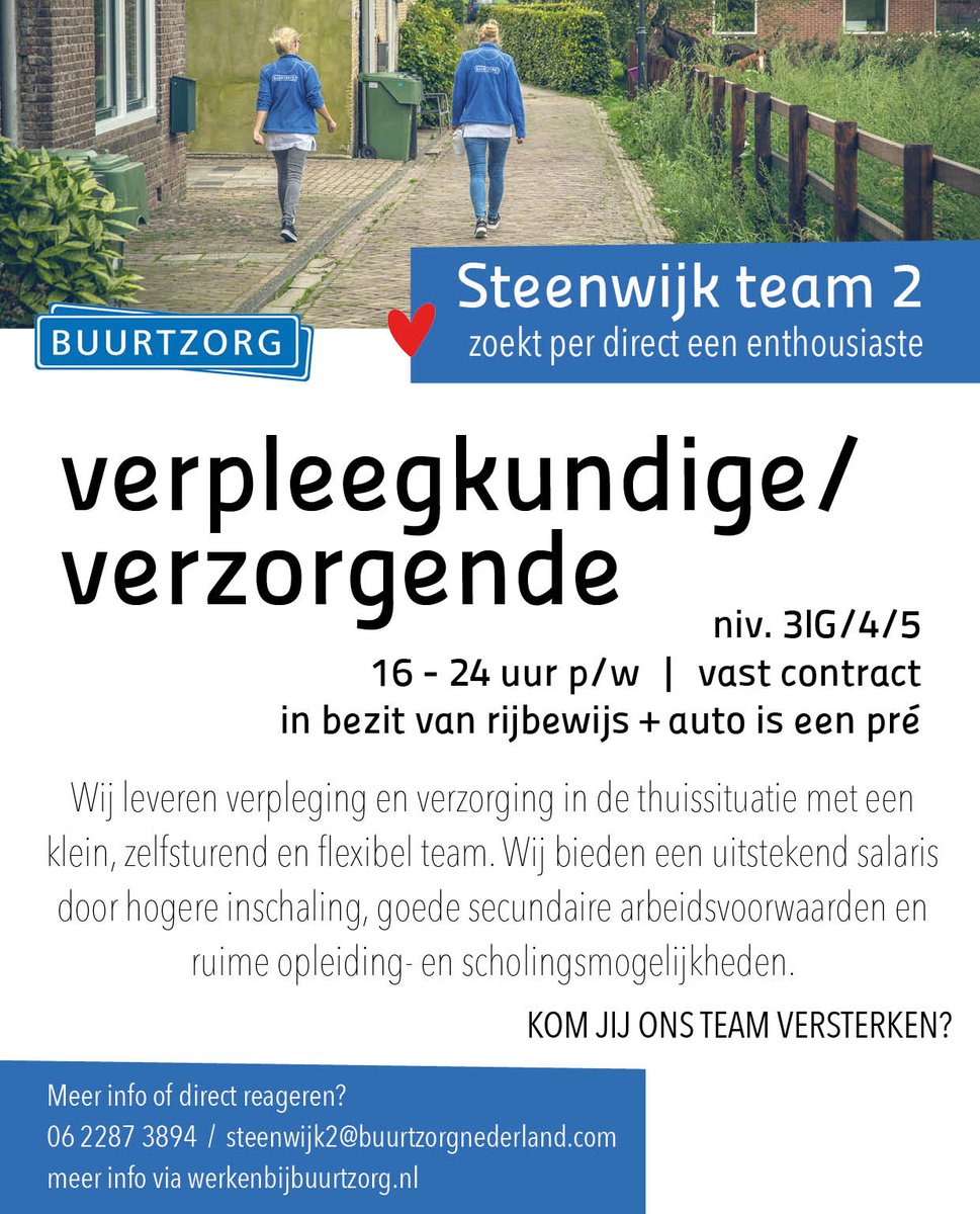 buurtzorg's tweet photo. #Buurtzorg #Steenwijk team 2 zoekt #enthousiaste #verzorgende / #verpleegkundige #16tot24uurperweek #vastcontract Heb jij #hartvoordezorg? Kom #werkenbijbuurtzorg https://t.co/CozWxjvB6A