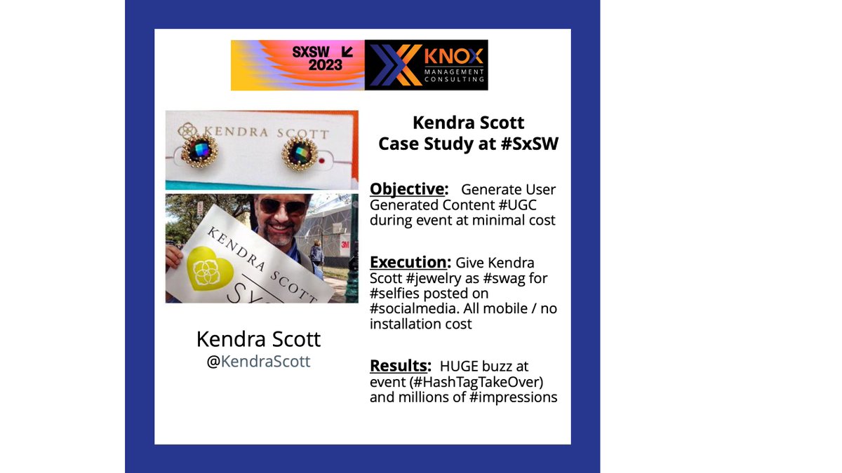 knoxkeith's tweet photo. One of Best Case Studies for #SxSW @KendraScott
Obj: Generate #UGC at Min Cost
Execution: Give #jewelry as #swag for #selfies posted on #socialmedia. All mobile / no installation cost
Results: HUGE buzz at event (#HashTagTakeOver) & millions of #impressions
#marketing https://t.co/3Fl6c5LmNs