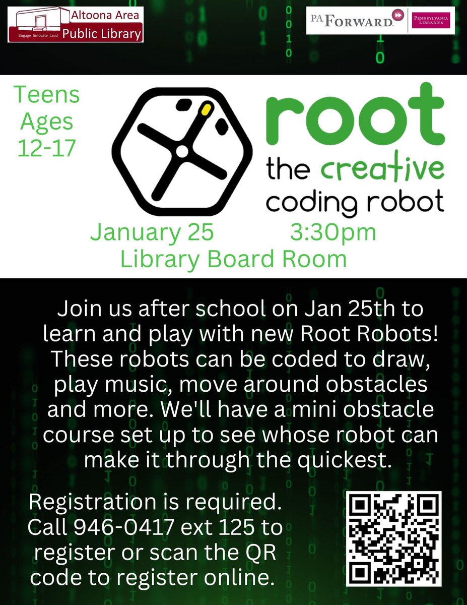altoonalibrary's tweet image. Teens are invited to join us after school on Jan 25th from 3:30pm - 4:30pm to learn and play with new Root Robots! Registration is required Call 946-0417 ext 125 or sign up online now at forms.gle/VqN82MHc876dZE…

#PAForward #rootrobots #coding #teen #teens #thingtodo #altoonapa