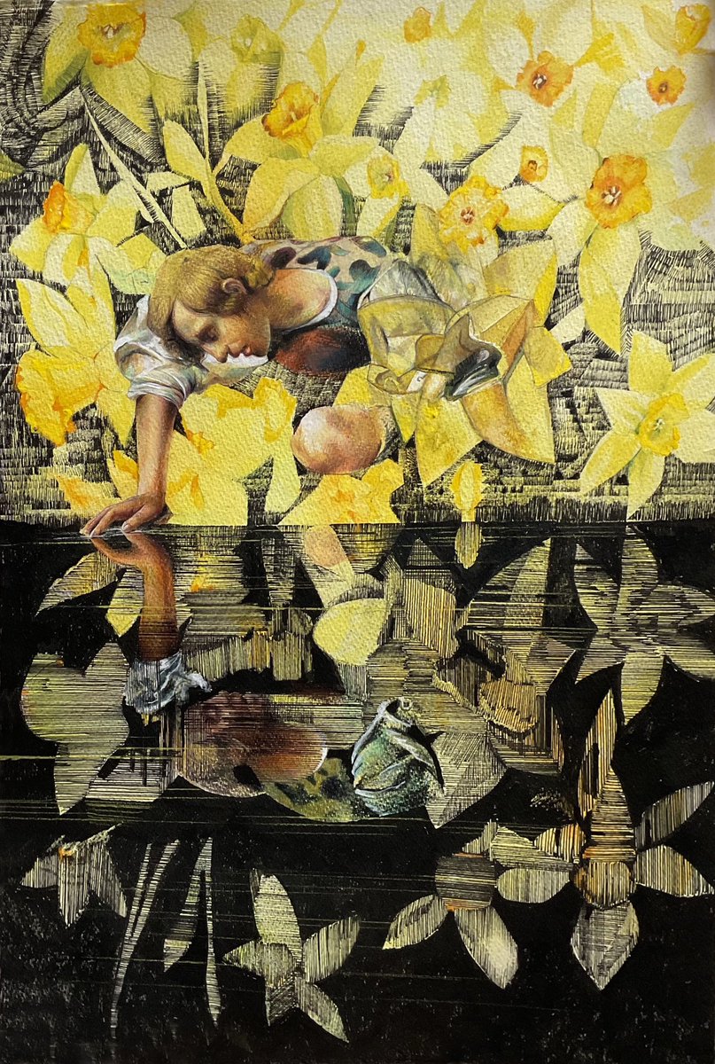 ‘Narcissus after Caravaggio’
Stephen and Lorna Kirin 
Watercolour, ink and pencil on Saunders Waterford rough paper 

#Narcissist is a bit of a buzz word these days, but we enjoyed exploring the original 💛

#collaborativeart #thekirins #caravaggio #narcissus #spring #daffodil