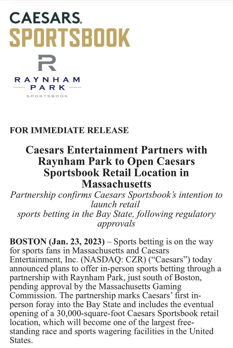 JoeyMurr's tweet photo. Caesars plans to open a retail sportsbook at Raynham Park in Massachusetts @CaesarsSports plans to open a 30,000-square-foot book, which will become one of the largest free-standing race and sports wagering facilities in the US https://t.co/t9ghkTsQRG