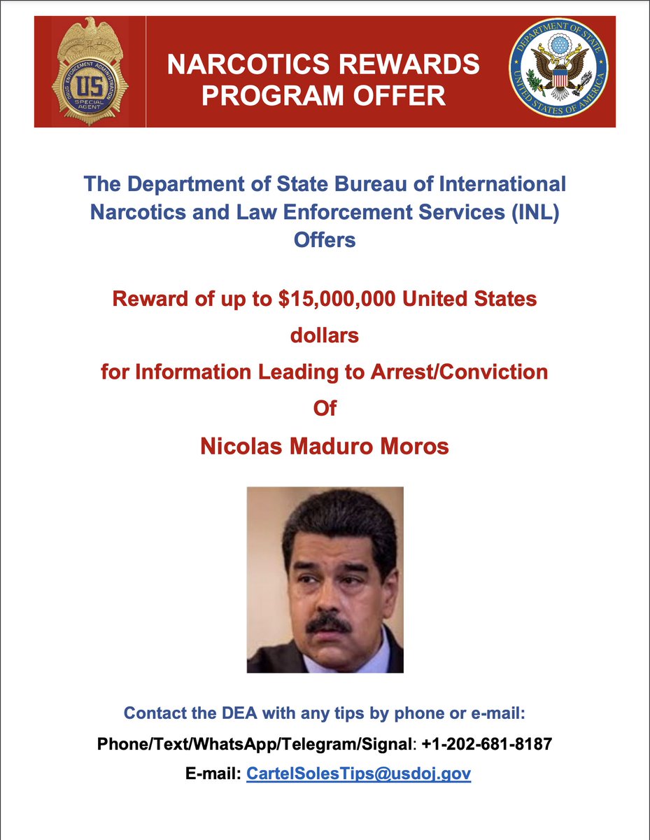 No te dejes engañar: Hasta hoy 23 de enero a las 8:51 AM sigue vigente la orden de detención y recompesa de Homeland Security #eeuu contra Nicolás Maduro Moros. La propaganda de los medios y agencias te quiere confundir. Aquí te dejo el enlace oficial
state.gov/nicolas-maduro…