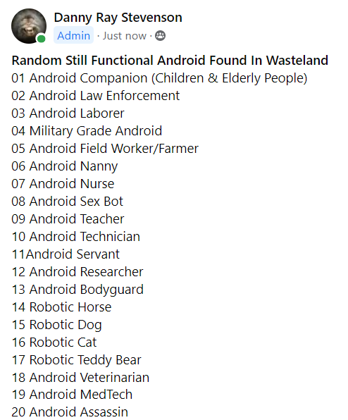 CyberpunkTTRPG's tweet photo. Randomly Found Still Functional Android In The Wasteland Table #PostApocalypse #TTRPG #RPG #GammaWorld #MutantCrawlClassic #AfterTheBomb #DarwinsWorld #MutantFuture #Androids #Wasteland #RandomTable https://t.co/2qBwQTuo1T