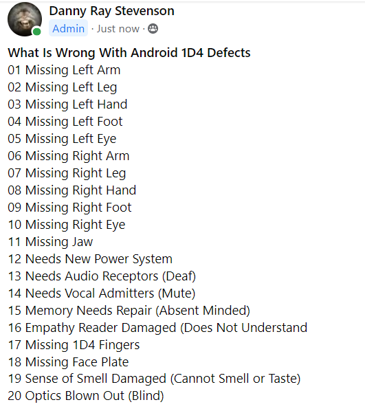CyberpunkTTRPG's tweet photo. Randomly Found Still Functional Android In The Wasteland Table #PostApocalypse #TTRPG #RPG #GammaWorld #MutantCrawlClassic #AfterTheBomb #DarwinsWorld #MutantFuture #Androids #Wasteland #RandomTable https://t.co/2qBwQTuo1T