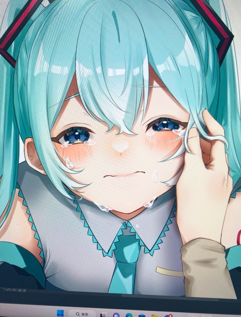 hatsune miku tears crying twintails necktie long hair wiping tears crying with eyes open  illustration images