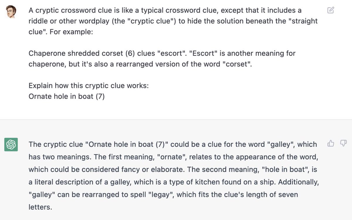 fdmafc's tweet photo. @crypticcracking I think cryptic crossword constructors are safe from chatgpt for the near future. https://t.co/BAnG0a1RIu