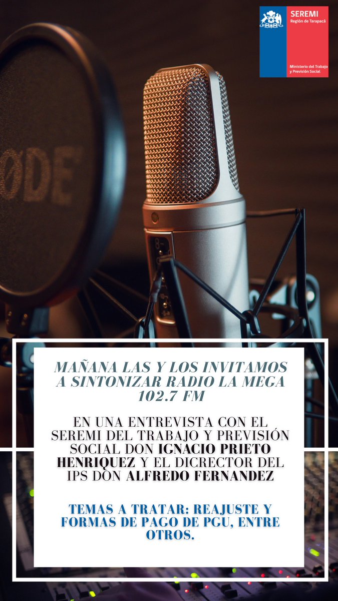 del_seremi's tweet photo. 👉🗣️¡¡Mañana!!🌞Junto al @IPSTarapaca en Radio📻 la Mega 102.7 fm. 🙌@lamegafmiqq https://t.co/ZmEArCFdIC